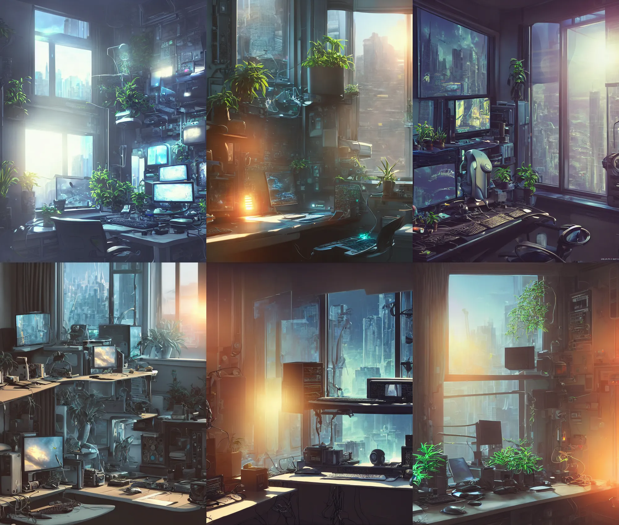 Image similar to detailed scifi artstation scene of a complex computer workstation in a small studio apartment room, single potted plant, many monitors, many electronics, a window view of the city, maximalism, volumetric light, sunny amber morning light, sun beam, cinematic composition, unreal engine, hyperrealism, realistic shading, blender render, photorealistic, wide shot