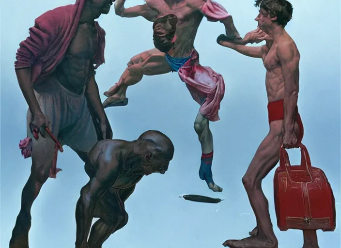 Prompt: a still from the film rocky by francis bacon, surreal, norman rockwell and james jean, greg hildebrandt, and mark brooks, triadic color scheme, by greg rutkowski, in the style of francis bacon and syd mead and edward hopper and norman rockwell and beksinski, dark surrealism, open ceiling