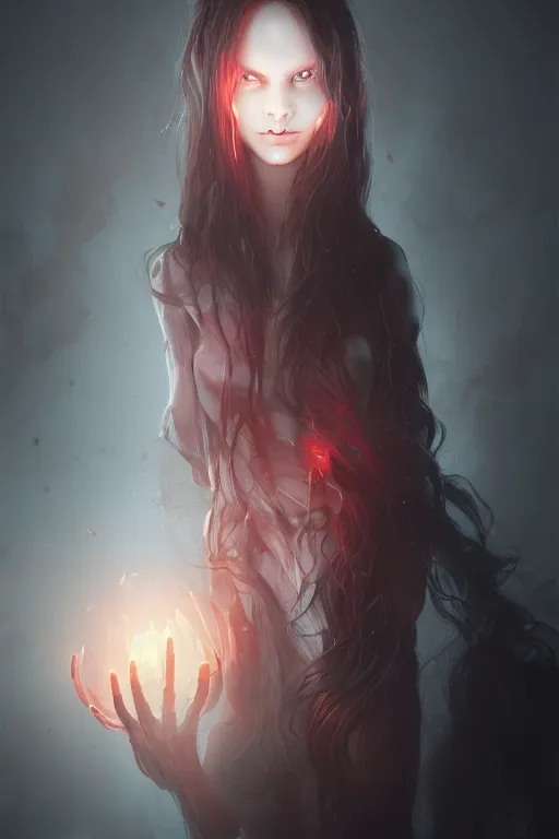 Prompt: creepy possessed woman, her hair floating upwards and her eyes glowing red , made by Stanley Artgerm Lau, WLOP, Rossdraws, ArtStation, CGSociety, concept art, cgsociety, octane render, trending on artstation, artstationHD, artstationHQ, unreal engine, 4k, 8k,