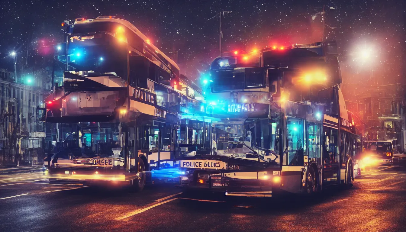 Image similar to Police Bus at night with lights on, photorealistic, cinematic