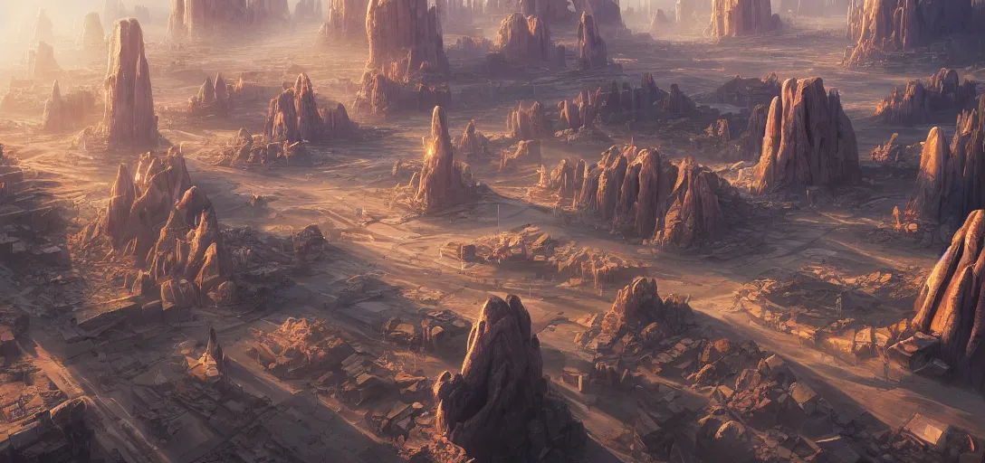 Prompt: striking view of a futuristic desert city, rock formations in the background, light rays, symmetry, cinematic lighting, ultra detailed, sharp, ambient occlusion, bloom, raytracing, by dylan cole, sebastian meyer and jordan grimmer