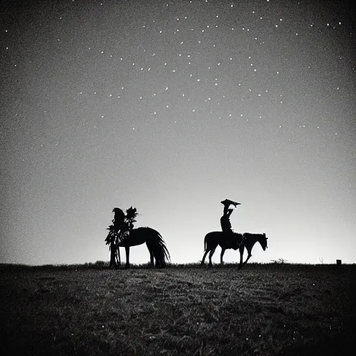 Image similar to “nighttime photograph of scarecrow cowboy and white pony standing in an empty field littered with trash and garbage while fireworks go off in the sky raining glowing burning embers falling from the night sky. Flash photo. 35mm. Cursed image.”