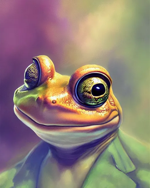 Image similar to semi realistic portrait of an anthropomorphic frog by Stanley Artgerm Lau, WLOP, Rossdraws, James Jean, Andrei Riabovitchev, Marc Simonetti, and Sakimichan, trending on artstation