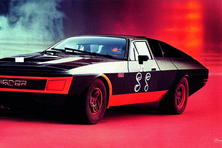 Image similar to designed by giorgetto giugiaro stylized poster of mad max's pursuit special, the last v 8 interceptor, thick neon lights, ektachrome photograph, volumetric lighting, f 8 aperture, cinematic eastman 5 3 8 4 film