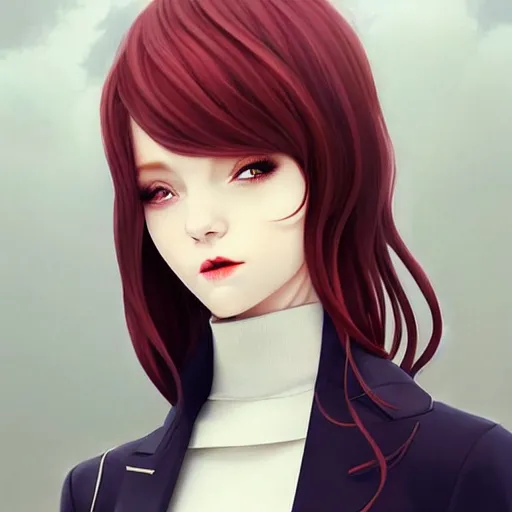 Image similar to beautiful pale vampire with auburn hair in a white turtleneck dress, on a super yacht, by guweiz and wlop and ilya kuvshinov and and moebius and bilal and artgerm, symmetrical eyes, aesthetic, gorgeous, stunning, alluring, attractive, artstation, deviantart, pinterest, digital art