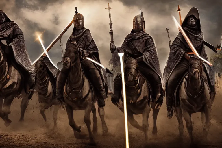 Image similar to Knights Templar with Jedi Swords Riding on Horses, DSLR, Depth of Field, Gamma, 4k, hd, detailed, cinematic