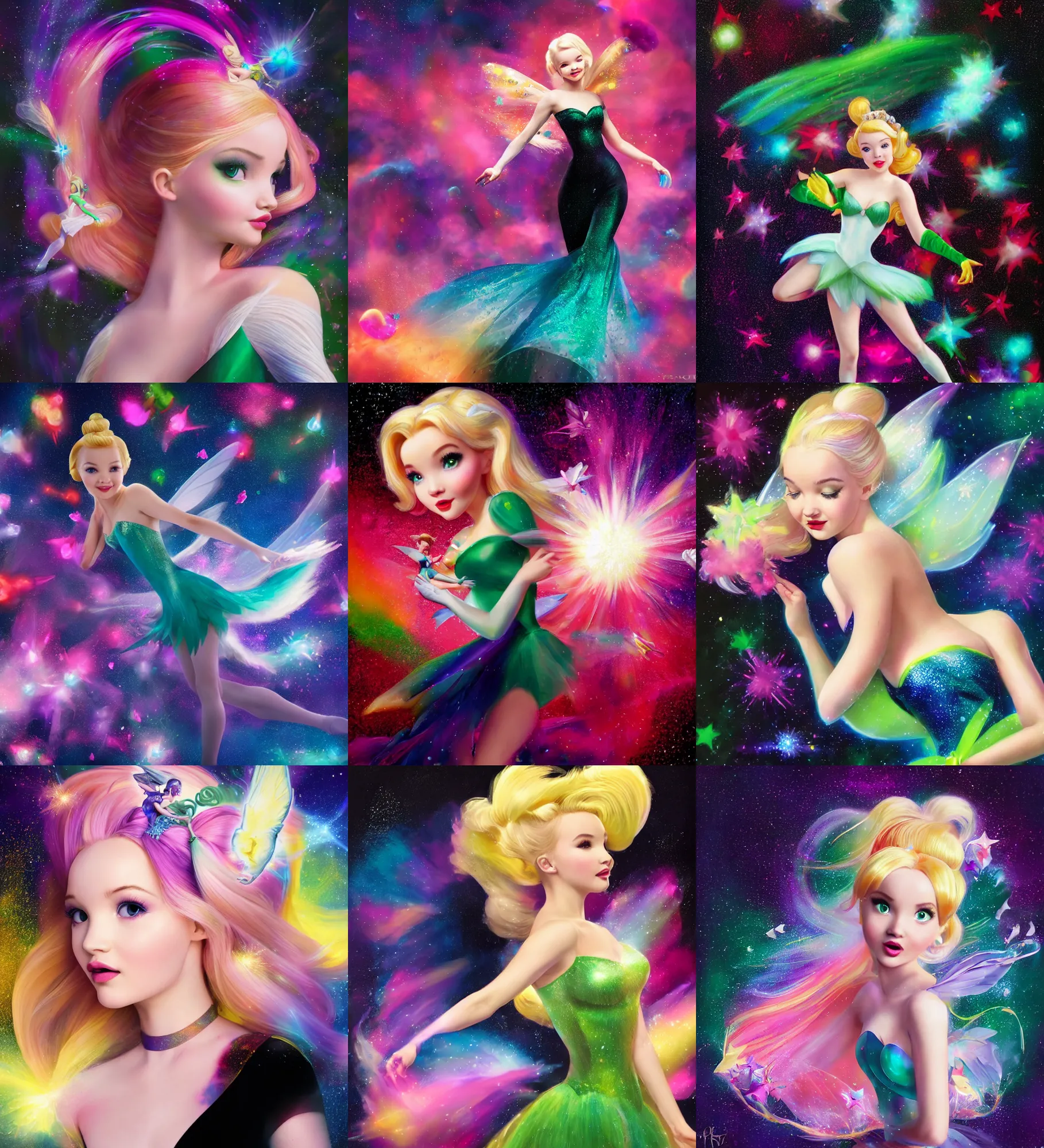 Prompt: close portrait of dove cameron as tinker bell flying through a centered explosion of colorful powder sparkles on a black background, wlop, steve argyle, ilya kuvshinov, ralph horsley, rossdraw, mark ryden, daniel f. gerhartz, sophie anderson, lilia alvarado, tom chambers