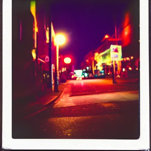 Image similar to colorful instant photograph of the middle of the street at night, polaroid, light leak, raw, nostalgic