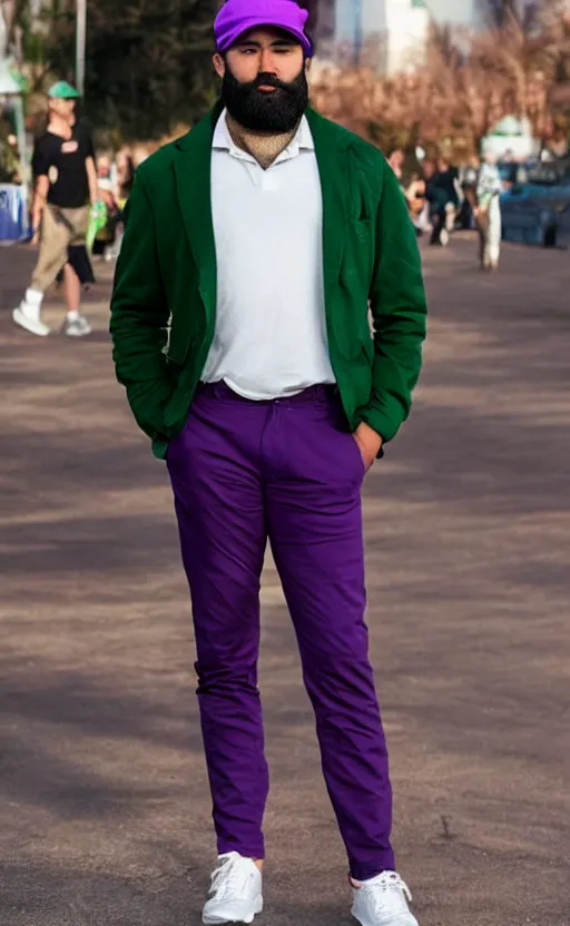 Prompt: a young man with a chin - style brown beard without mustache in a full black hat, green jacket, purple pants and white sneakers in full height, perfect face