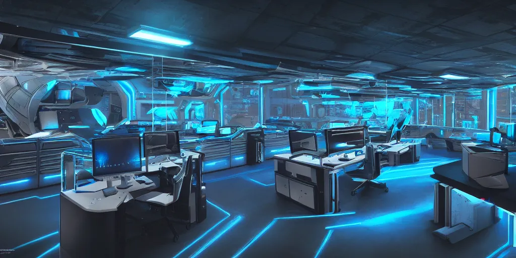 Prompt: a space ship themed work space interior, anthracite, multiple desks, cupboards, black, glass, metal, blue neon lights, cyberpunk, retro futurism, modernism, technology, 8 k