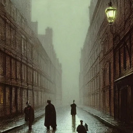 Image similar to Mads Mikkelsen as Sherlock Holmes and John Candy as John Watson walking on the misty streets of London looking for Jack the Ripper, artwork by John Atkinson Grimshaw