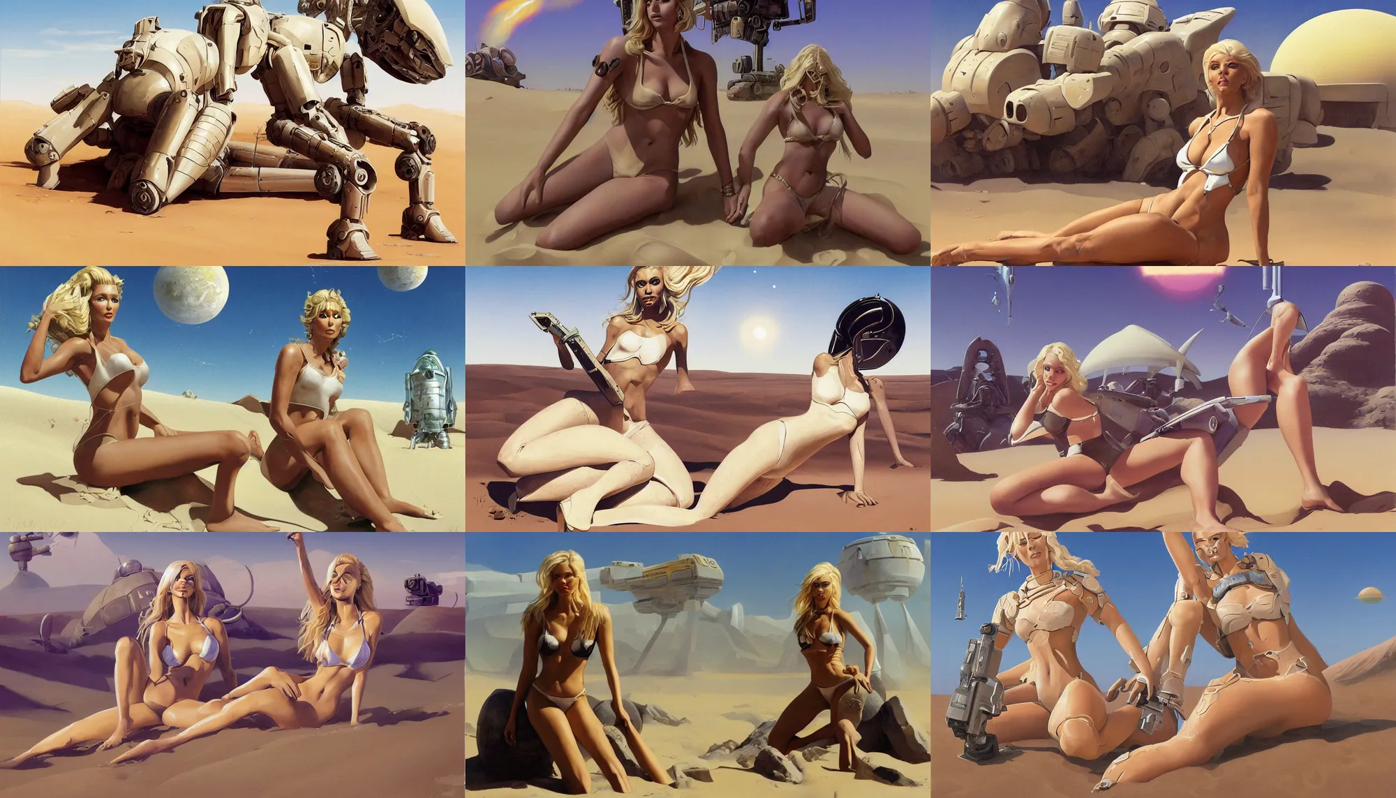Prompt: A mixed media portrait painting of a beautiful blonde woman sitting in the sand on a desert alien planet, discarded mech in background, very curvy, aesthetic! white high-waisted bikini-armor and boots, aesthetic symmetrical face and eyes, model, Scandinavian, by Boris Vallejo, Beeple, Frank Frazetta, Greg Rutkowski, Christian MacNevin, Alphonse Mucha, epic fantasy character art, high fantasy, CGsociety, 60's Sci-fi Pinup style, exquisite detail, post-processing, masterpiece, cinematic