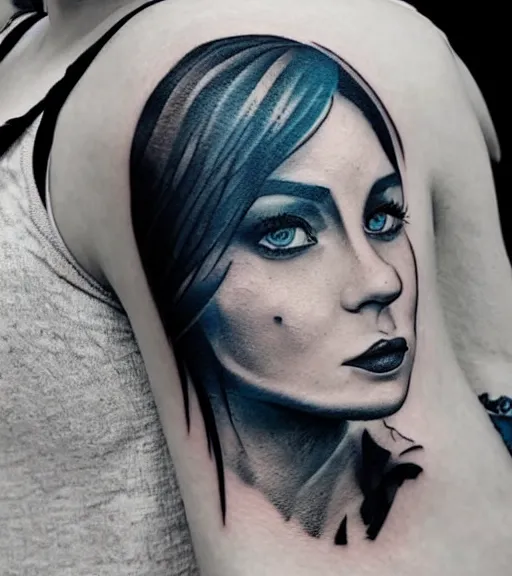 Image similar to tattoo design sketch of a beautiful blue - eyed woman face with a faded background of beautiful mountains and nature on her side, hyper - realistic, in the style of den yakovlev, amazing detail, black and white
