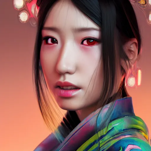 Prompt: centered portrait of a slight happy cyberpunk 3D beautiful Japanese girl in kimono, hyperdetailed eyes, beautiful eyes, digital painting, trending on Artstation, cel-shading style, CG society, hyperdetailed, digital painting, hypermaximalist, golden ratio, volumetric, octane render, weta digital, micro details, 3d sculpture