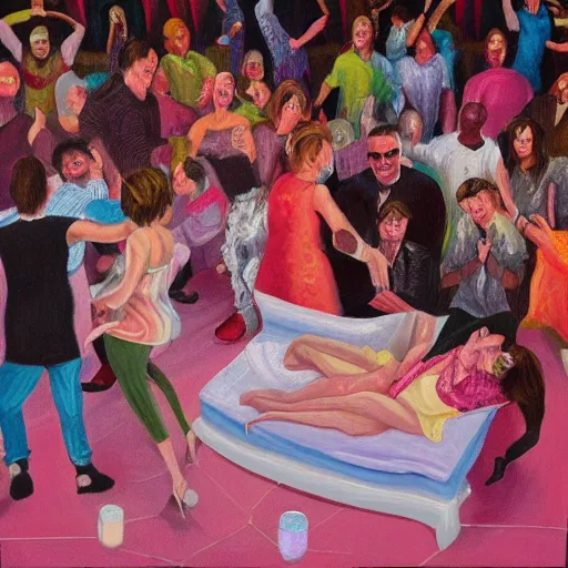 Prompt: a soft comfy bed, on the dancefloor at a disco, oil painting, hyperdetailed