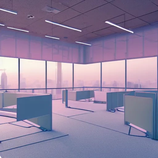 Prompt: sprawling office floor with cubicles,, in faded pink, morning fog, blue hour, archviz, cgi, trending on artstation, corona renderer, unreal engine, ray tracing, 3 ds max, cinematic, city in the background