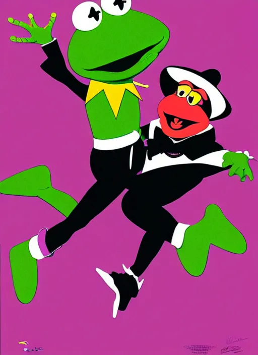 Image similar to poster artwork by Michael Whelan and Tomer Hanuka of Kermit the Frog and Miss Piggy doing the twist dance scene from the movie Pulp Fiction, pop art poster, black and white realistic photo, poster artwork by Michael Whelan and Tomer Hanuka