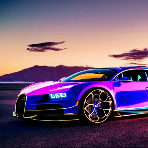 Image similar to synthwave bugatti chiron at sunset