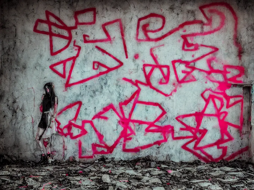 Image similar to graffiti in an abandoned bunker, cute fumo plush gothic black enigmatic maiden girl painted in spilt red ink and washed watercolor, glowing ancient glyphs and summoning circle, neon light, avant garde pop art, filmic, bokeh, captured on canon eos r 6