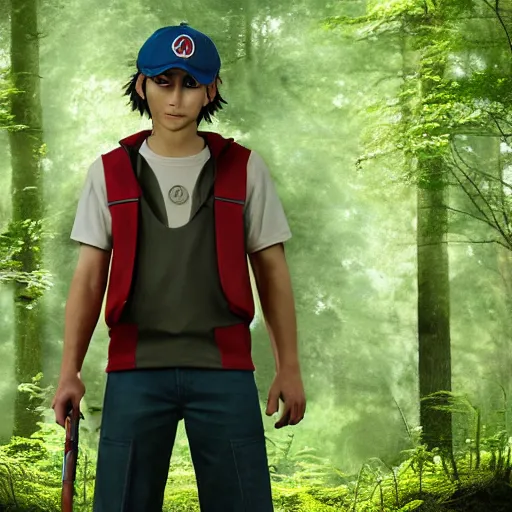 Image similar to realistic photo of ash ketchum in a forest, well lit, real, photogenic, detailed, 8 k, global illumination