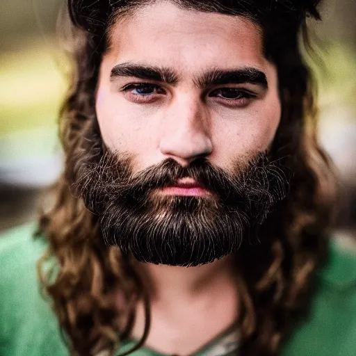 Image similar to young man, long hair, short facial hair, no mustache, dark green eyes, dark eyebrows, light widows peak light facial hair, canon eos r 3, f / 1. 4, iso 2 0 0, 1 / 1 6 0 s, 8 k, raw, unedited, symmetrical balance, in - frame