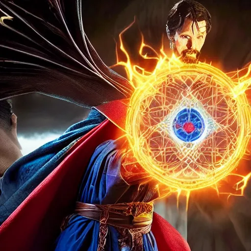 Prompt: dr. strange casting a shield spell in the metaverse, hyper realistic, highly detailed, perfect face, smooth, focus, movie still, cinematic