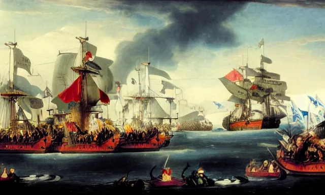 Prompt: dragons fighting at the Battle of Trafalgar