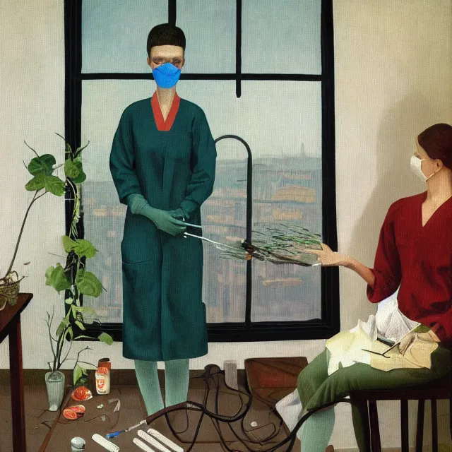 Prompt: a tall pathology student wearing scrubs and ppe in her apartment, vines, a river flooding inside, medical supplies, medical mask, syringes, pathology sample test tubes, pigs, plants in a glass vase, water, river, rapids, waterfall, canoe, pomegranate, berries dripping, swans, acrylic on canvas, surrealist, by magritte and monet