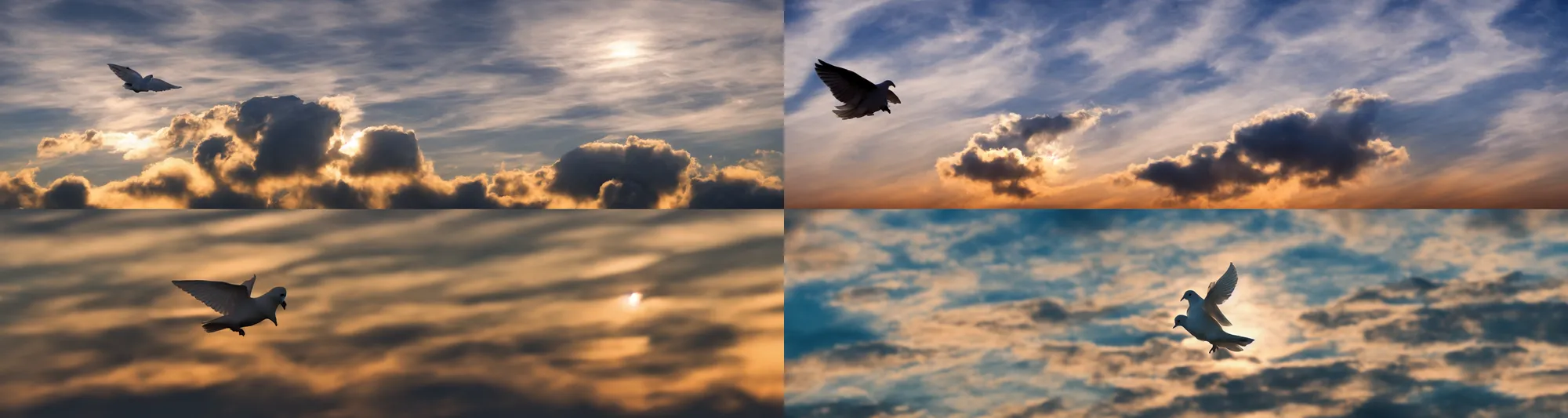 Prompt: An extreme closeup of a realistic white glowing dove flying above the clouds at sunset