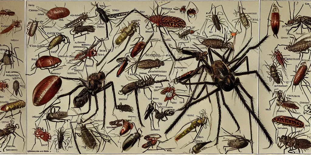 Prompt: Very detailed biological schema showing five missing links in the evolution of mosquitoes into man