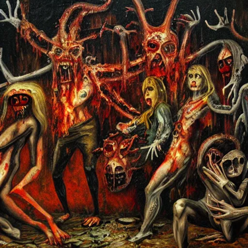 Prompt: A tumultuously horrific painting, with demonic figures and blood splattered everywhere, in a nightmarish style.