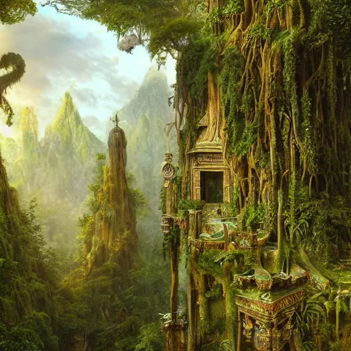 Image similar to a beautiful and highly detailed matte painting of a lost temple in a magical fantasy garden in a lush forest, intricate details, epic scale, insanely complex, 8 k, sharp focus, hyperrealism, very realistic, by caspar friedrich, albert bierstadt, james gurney, brian froud,