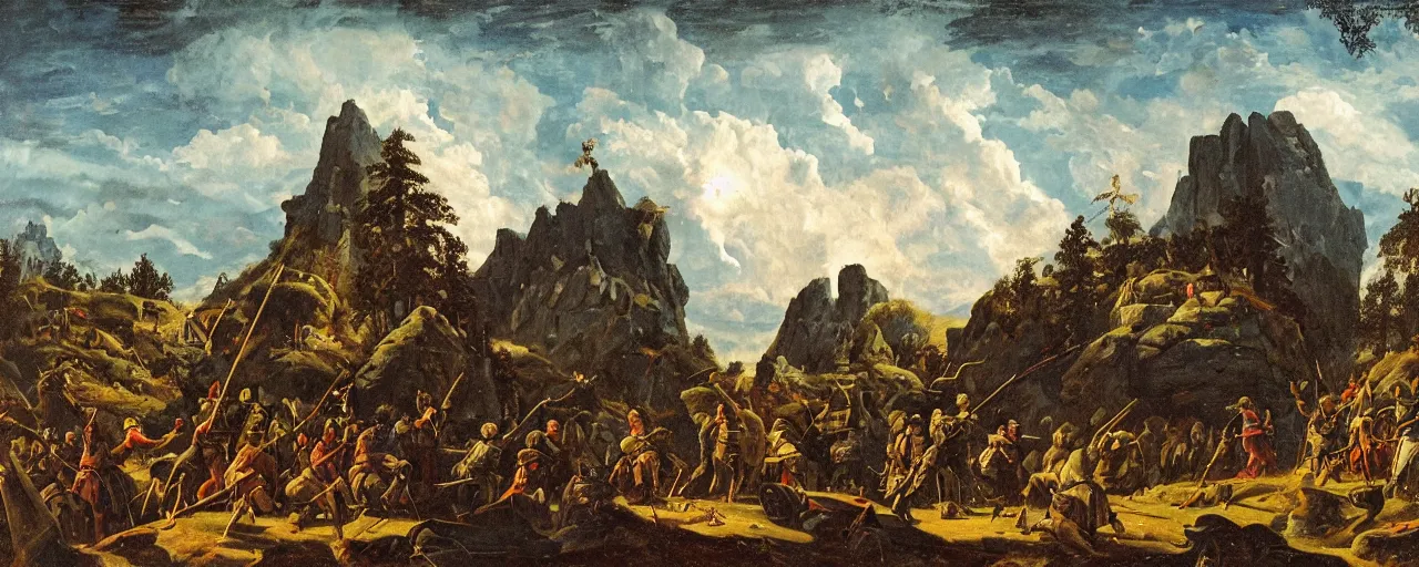 Prompt: portrait, mountain battles, vyverns, maritime pine, knights, spears, fortress, siege, oaks, trees, architectural, colossal, lightning, temples, war, famine, death, wide angle, puffy clouds, skies behind, stars in sky, Stars, Moon, italian masterpiece, Ashford Black Marble, Obsidian globe, sculpture, baroque, draped with horrors and spines, drapes, ocher details, still life, Obsidian, portrait, render, artstation, ultra detailed