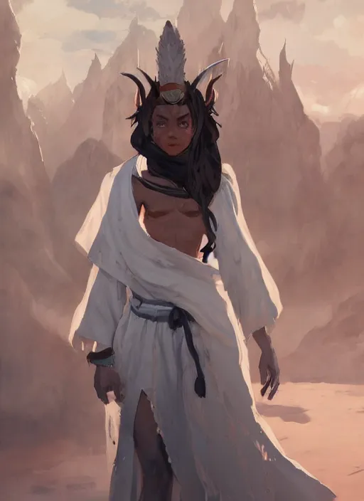 Image similar to concept art painting of a person with brown skin and short white hair, demon horns, white freckles, full clothing, blue robes, detailed, cel shaded, in the style of ruan jia and artgerm and makoto shinkai and james gurney