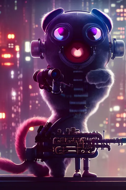 Image similar to high quality 3 d render very cute cyborg! cat plays saxophone, cyberpunk highly detailed, unreal engine cinematic smooth, in the style of blade runner & detective pikachu, hannah yata charlie immer, moody light, low angle, uhd 8 k, sharp focus