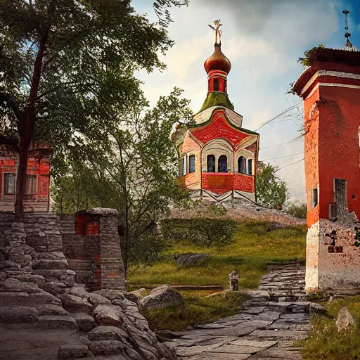 Prompt: photo fantastic ancient Russian city of Kitezh, ancient Russian architecture, teremok, concept art, photo of Breeze Kaze,