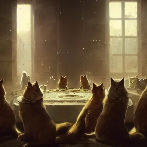 Prompt: the council of cats, by greg rutkowski