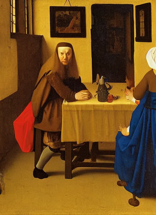Image similar to young man at the table with young pretty blonde girl at the crowded tavern in the evening. medieval painting by jan van eyck, johannes vermeer