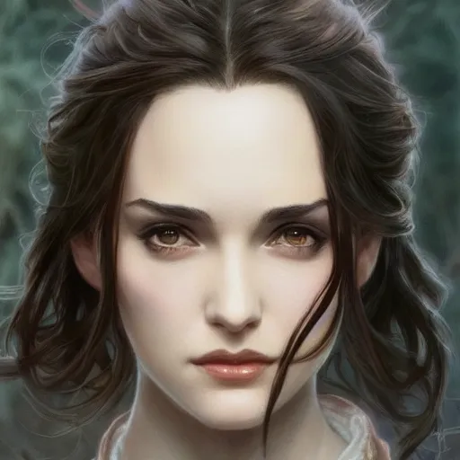 Image similar to beautiful young winona ryder, closeup, d & d, fantasy, intricate, elegant, highly detailed, digital painting, artstation, concept art, matte, sharp focus, illustration, art by artgerm and greg rutkowski and alphonse mucha