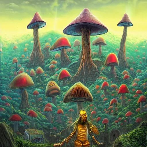 Image similar to 4 k headshot portrait of a psychedelic demonic anthropomorphic insect knight with mushroom themed clothes, magic mushroom village in background by jeff easley, award winning, stylized neon, post - processing, masterpiece, superb resolution. in the art style of junji ito and greg rutkowski. detailed mushroom city in background. hyper realistic anime. perfect art. dalle 2