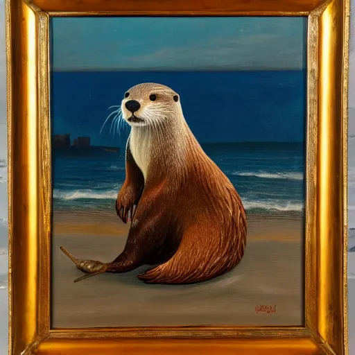 Prompt: An oil on canvas painting depicting an otter dressed as a pirate sitting on the beach overlooking his ship