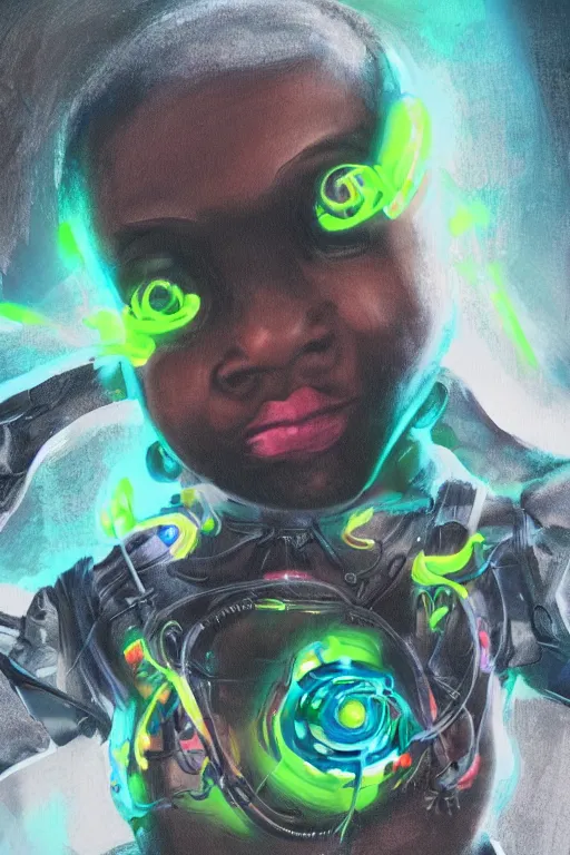 Prompt: a black kid playing with a futuristic robot in the nature, mixing solarpunk, afropunk, cyberpunk, ( ( ( ( volumetric light ) ) ) ), high angle, part by pearl fryar, part by prince damah, sunny day, trending on artstation, cinematic view, illustration, painting, realistic