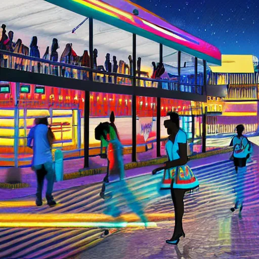 Image similar to futuristic ndebele city, night street scene, highly detailed, digital ndebele billboards