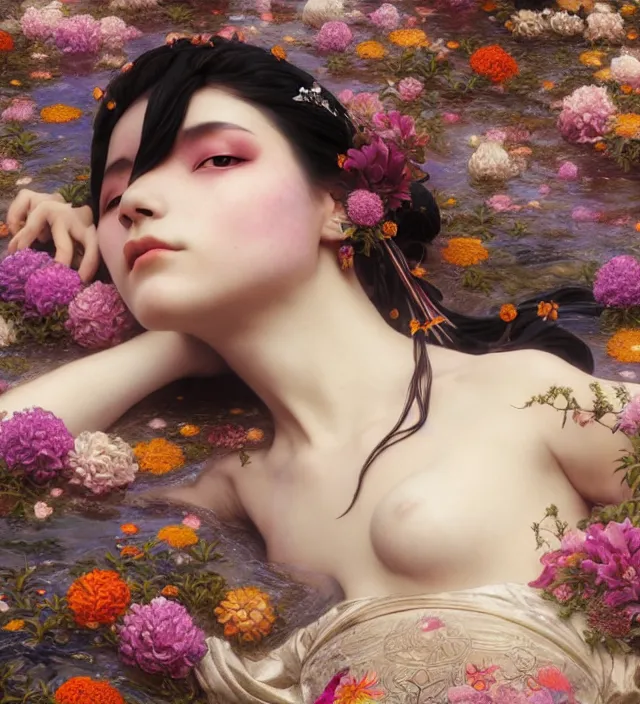 Prompt: baroque portrait of one steampunk bohemian geisha woman of porceline skin lying down in a river made of thousand of flowers, cinematic lighting, photorealistic, octane render, 8 k, depth of field, art by artgerm and greg rutkowski and alphonse mucha and uang guangjian