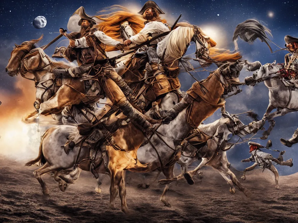 Image similar to cowboys and pirates fighting on the moon, cowboys have horses, pirates have cannons, High Definition detail, 8K, photograph