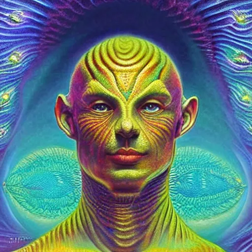 Prompt: perfectly centered portrait, front view of a reptilian alien, ascended master, intense stare, transcendental, symmetrical, concept art, intricate detail, volumetric shadows and lighting, beautiful colors, vibrant, realistic oil painting by gustave dore and alex grey,