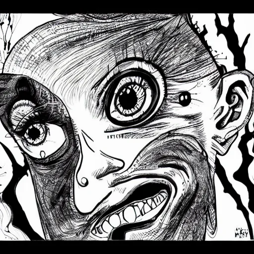 Prompt: black and white trippy comic art of a painful facial expression, hurting & uncomfortable, drawn by Martin Rowson, Tim Burton, Studio Ghibli, Alex Pardee, Nekro Petros Afshar, James McDermott, cgsociety 4K