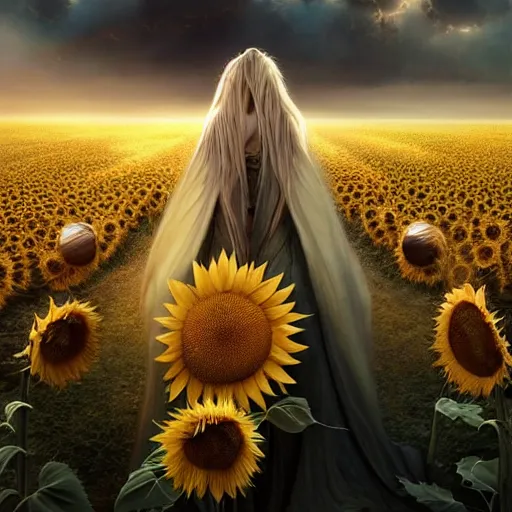 Image similar to by artgerm and agostino arrivabene, visually stunning, cinematic, ultra realistic, hyper realism, epic, octane render, unreal engine, vfx, maya, a girl slowly walking through amazing tall sunflower field, hair flowing, dark clouds incoming, early morning, fungal enchanter, murloc tinyfin, dread infernal, wee whelp, battle ram