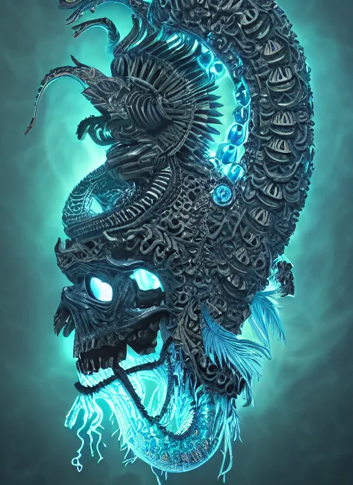 Prompt: 3 d ornate carved shaman with tattoos profile portrait, sigma 5 0 0 mm f / 5. beautiful intricate highly detailed quetzalcoatl skull. bioluminescent, plasma, lava, ice, water, wind, creature, thunderstorm, artwork by tooth wu and wlop and beeple and greg rutkowski, 8 k trending on artstation