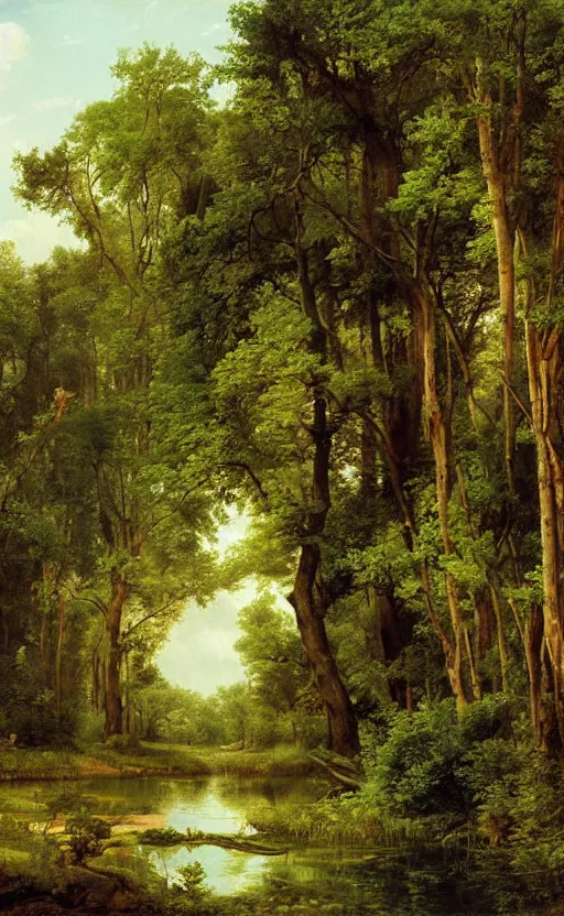 Image similar to artwork painting of a lush environment by eugene von guerard, ivan shishkin